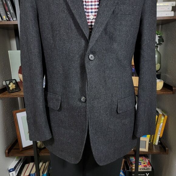 Tasso Elba Men's Sport Coat Charcoal Black‎ Herringbone Poly Wool Size L 42-44 - Picture 8 of 16